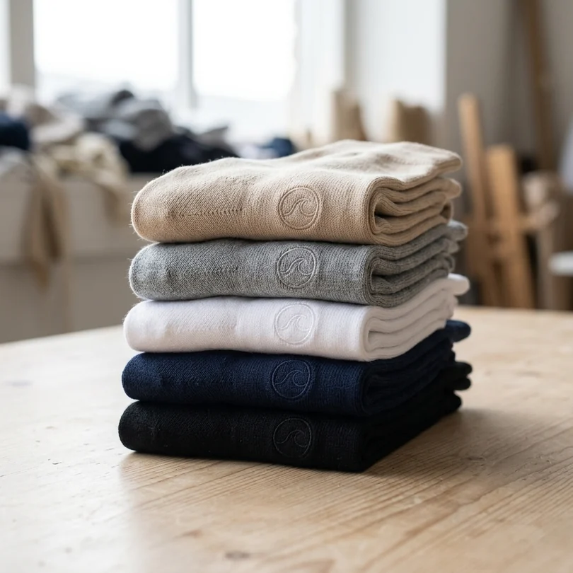 Calcetines de equitación en negro, azul marino, blanco, gris y beige doblados en pila