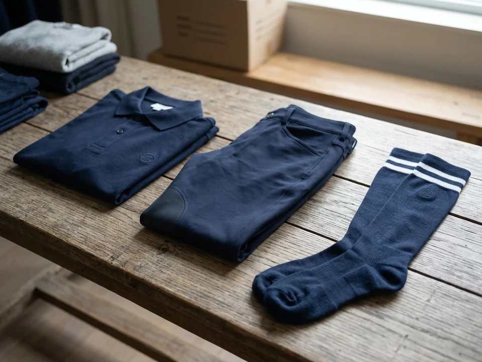 Calcetines de equitación de una marca junto a pantalones de montar del mismo color en su colección