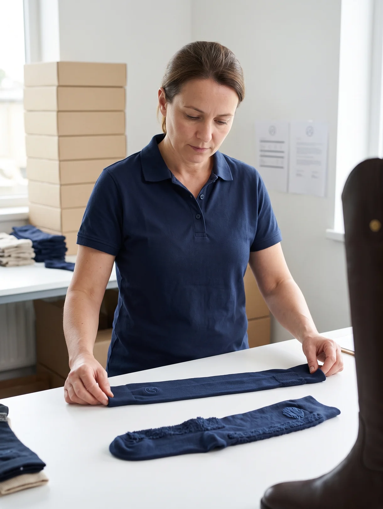 Inspectora de calidad alineando un par de calcetines en la mesa de revisión