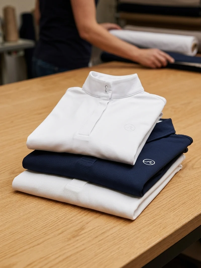 Polo blanco, polo con cuello en contraste y camisa de concurso doblados uno encima de otro