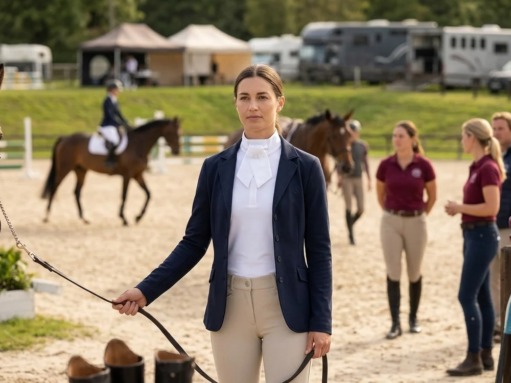 Amazona con la camisa de concurso RE-PC-03 y plastrón junto a la pista