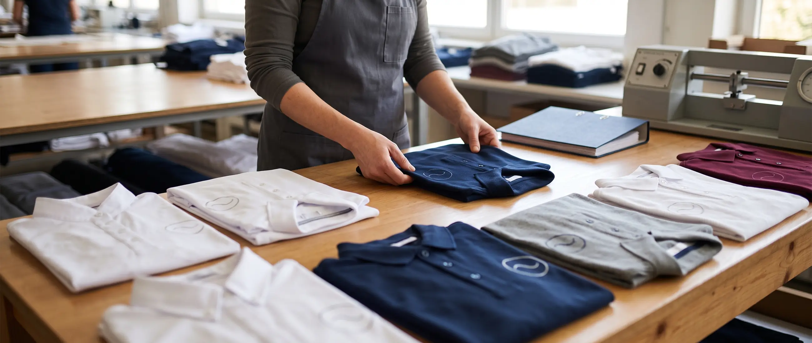 Mesa de control con camisas blancas dobladas y la carpeta del informe de pruebas