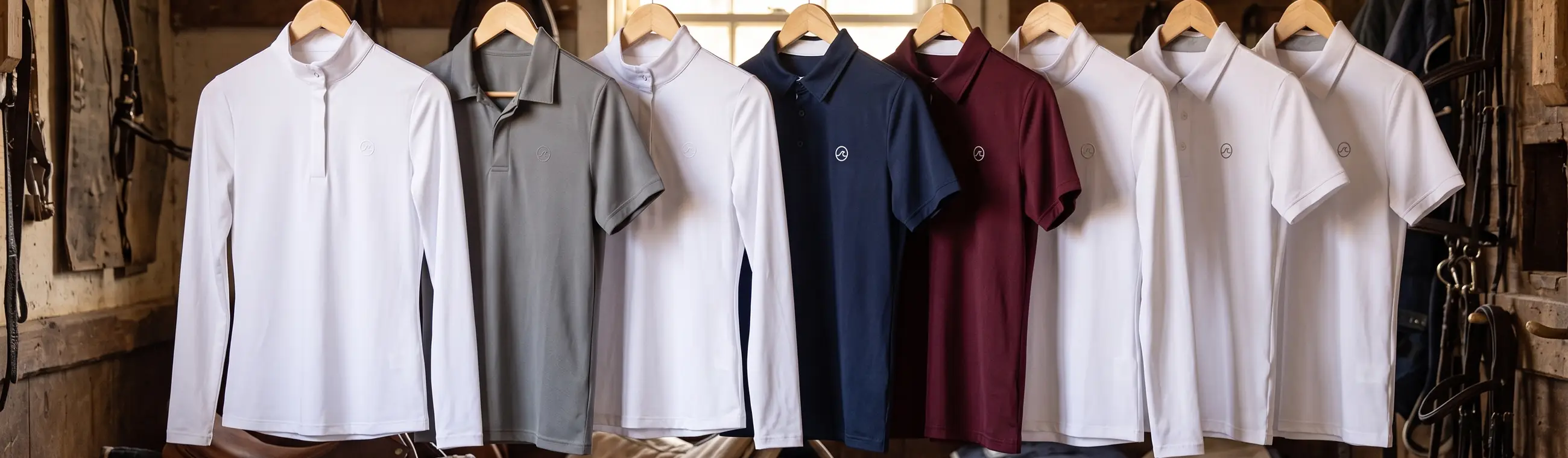 Camisas de concurso blancas y polos de colores en un perchero del guadarnés