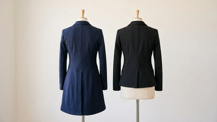 Las dos chaquetas de espaldas: corte de doma largo y corte de salto corto