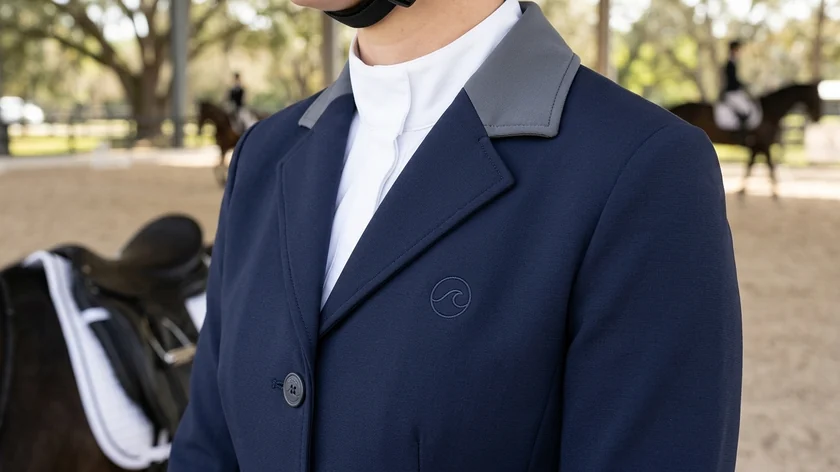 Cuello de solapa en gris sobre una chaqueta azul marino