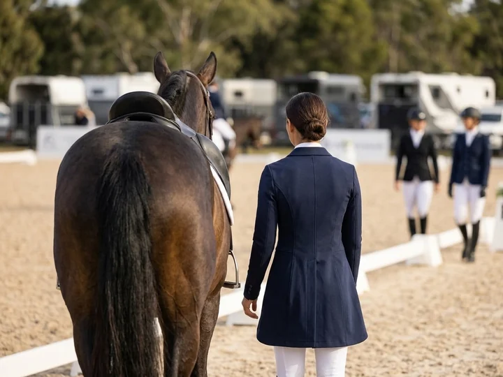 La misma muestra, con el jinete de pie junto al caballo