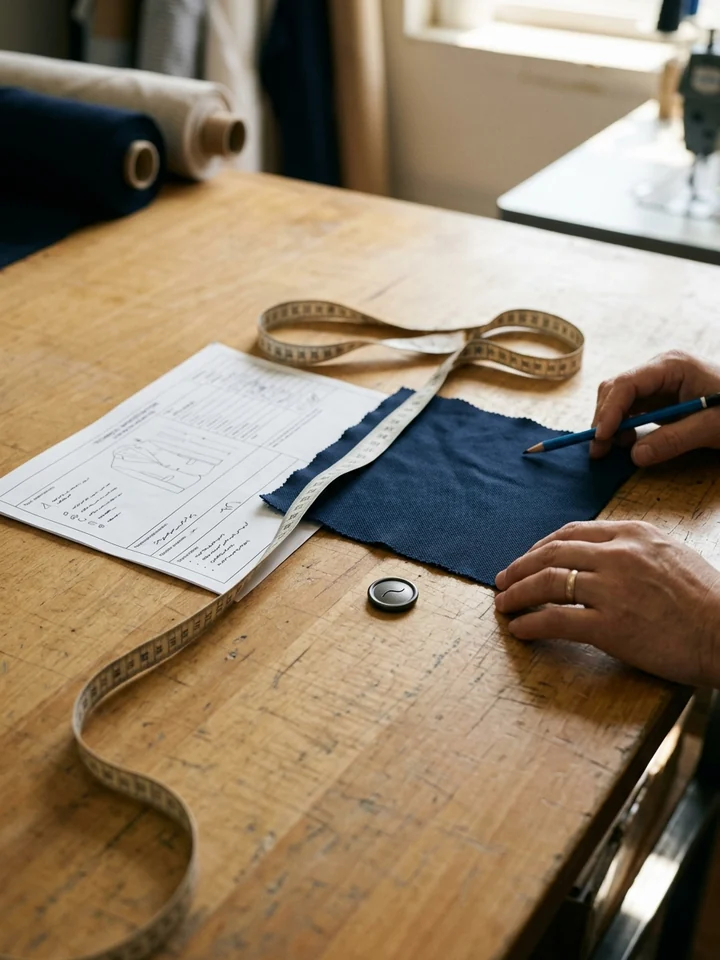 Ficha, muestra de tejido y botón sobre la mesa de corte