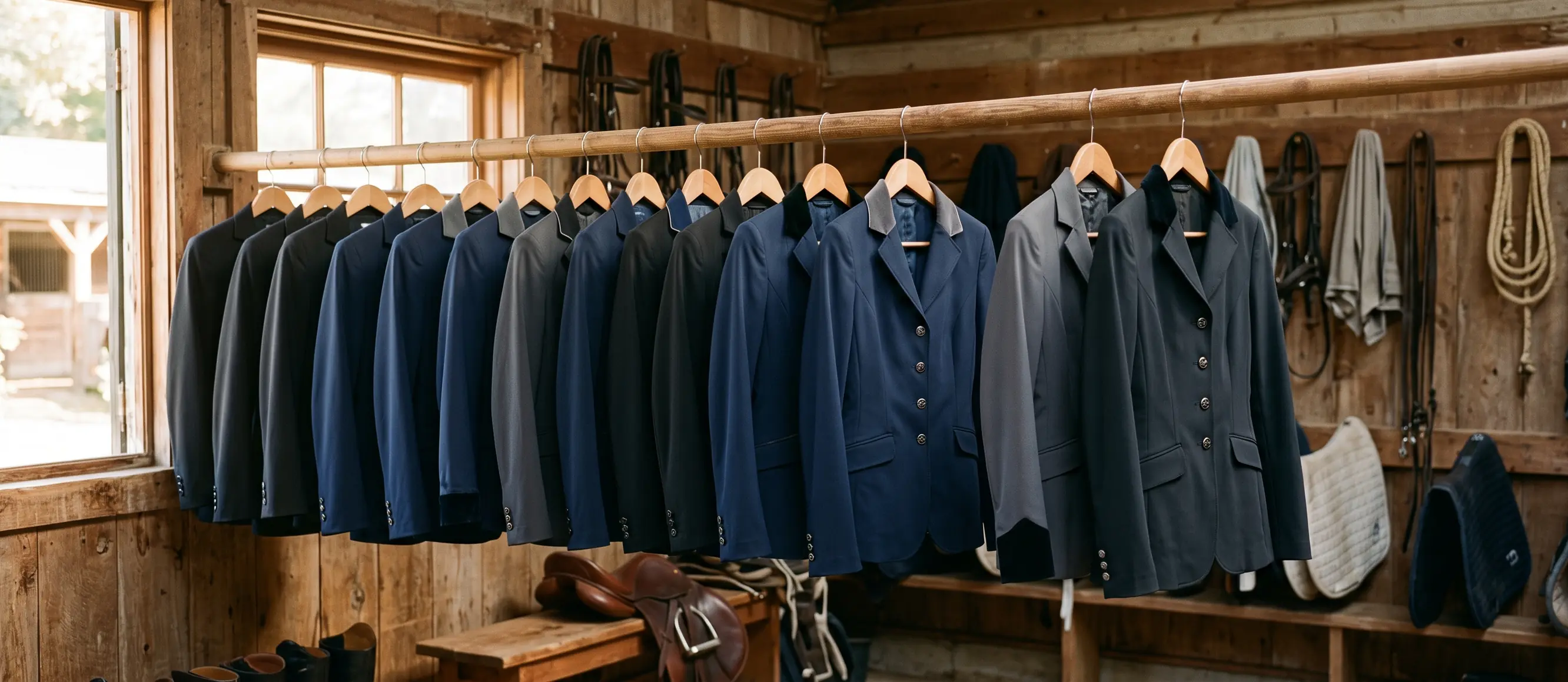 Chaquetas de concurso negras, azul marino y grises en un perchero del guadarnés