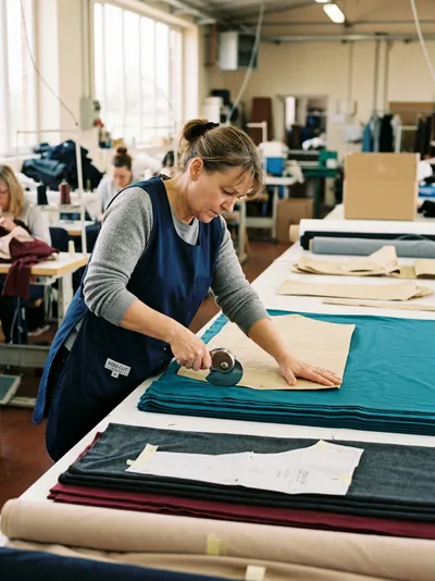 Zona de corte: cortador sobre una mesa con capas de tejido y patrones