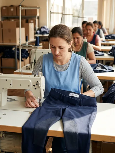 Línea de confección cosiendo pantalones de montar