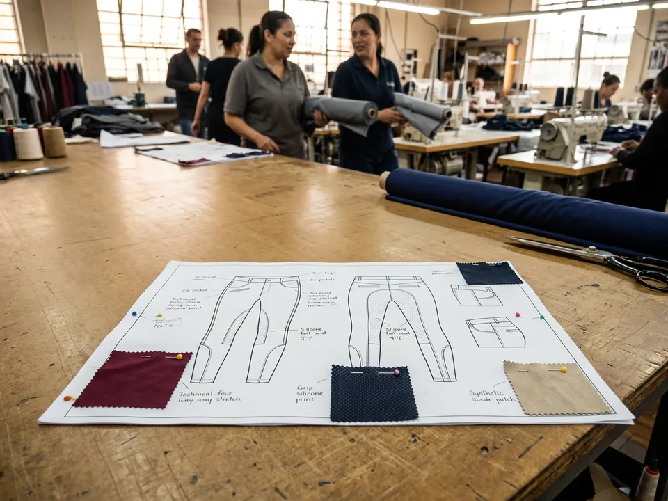 Ficha técnica impresa con muestras de tejido prendidas