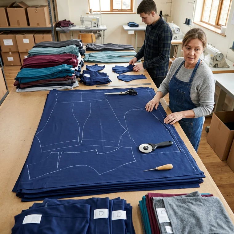 Mesa de corte con capas de tejido y patrones de pantalón de montar