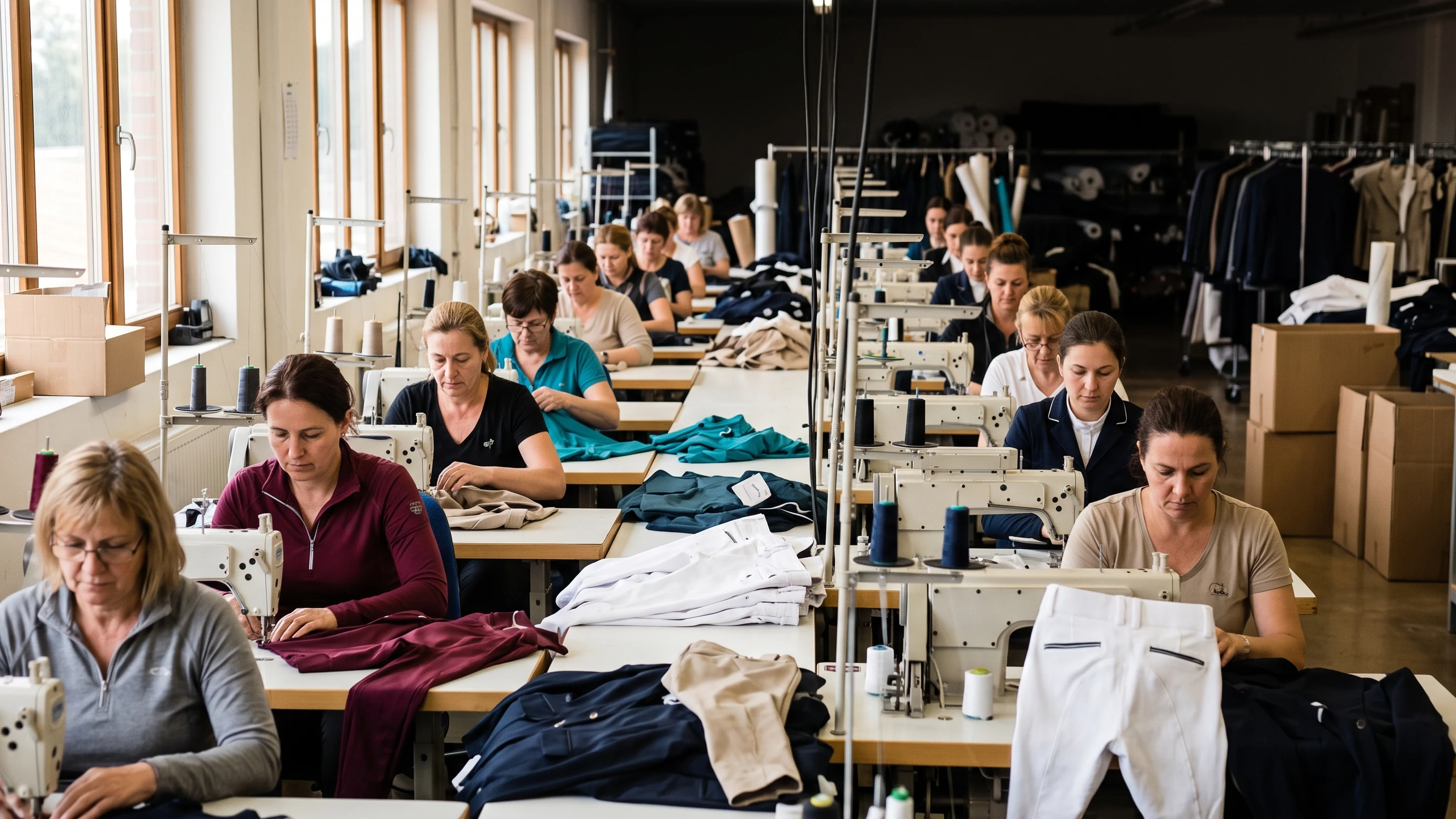 Línea de confección de ropa de montar en plena producción