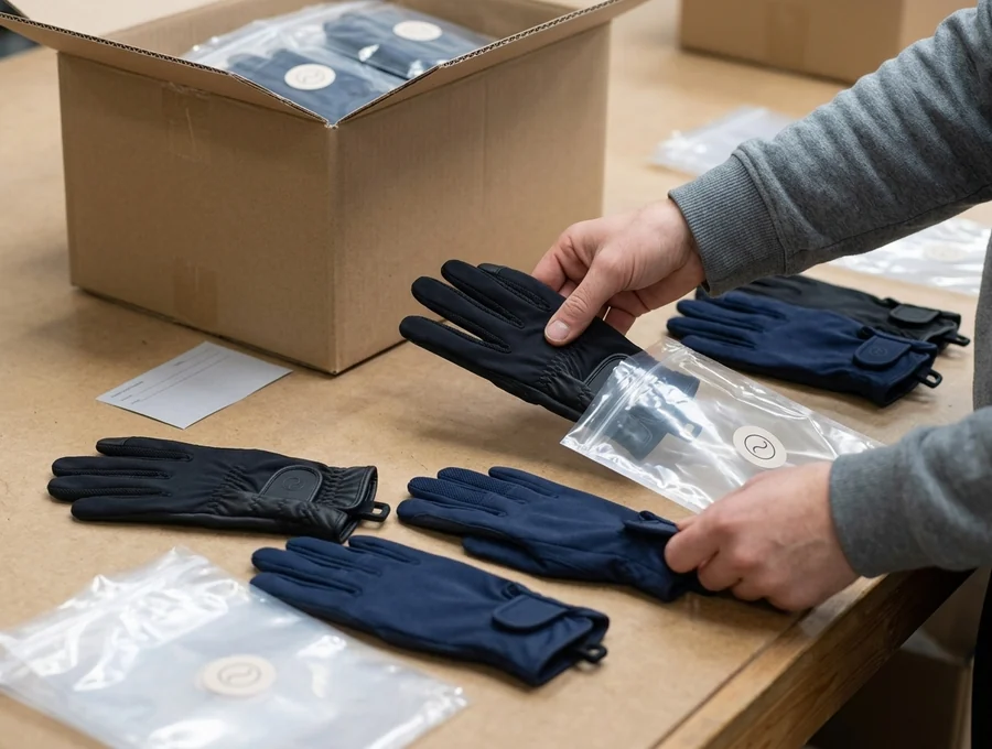 Pares de guantes unidos con clip y embolsados con la marca del cliente