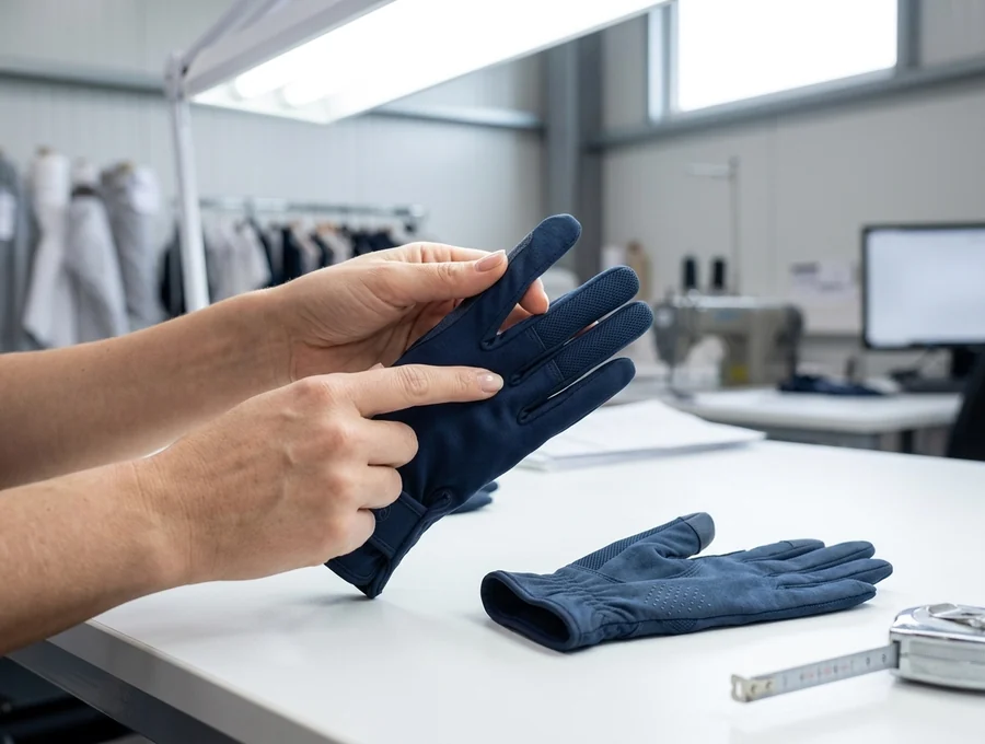 Revisión final de un par de guantes en la mesa de control