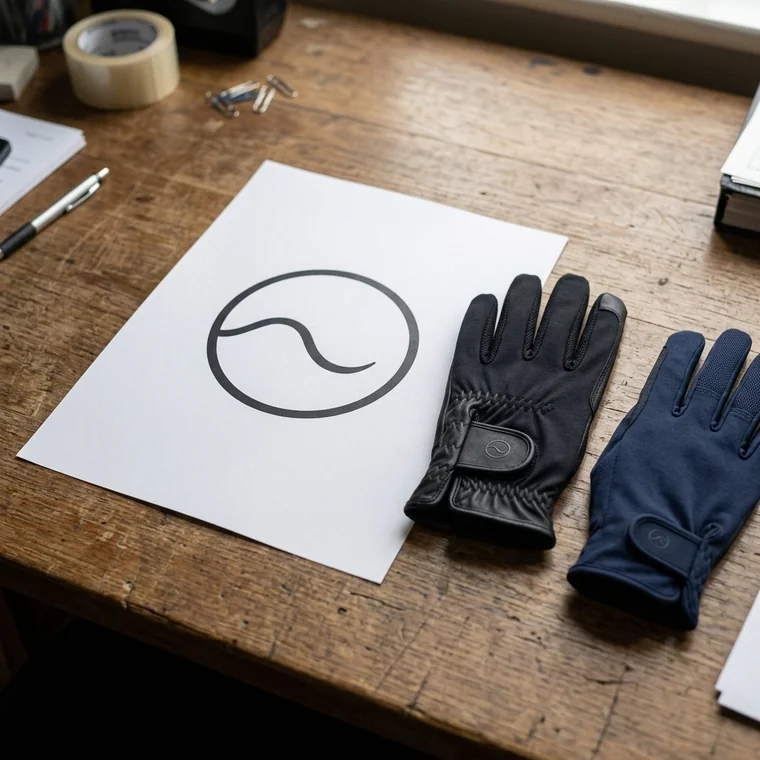 Prueba de logo junto a dos guantes