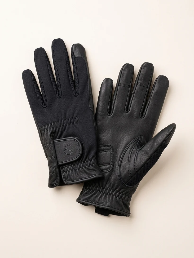 Guantes de equitación RE-AC-01 de piel de cabra negra, uno con la palma a la vista