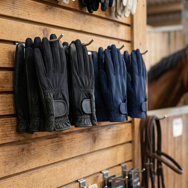 Expositor de una tienda hípica con guantes de piel y sintéticos