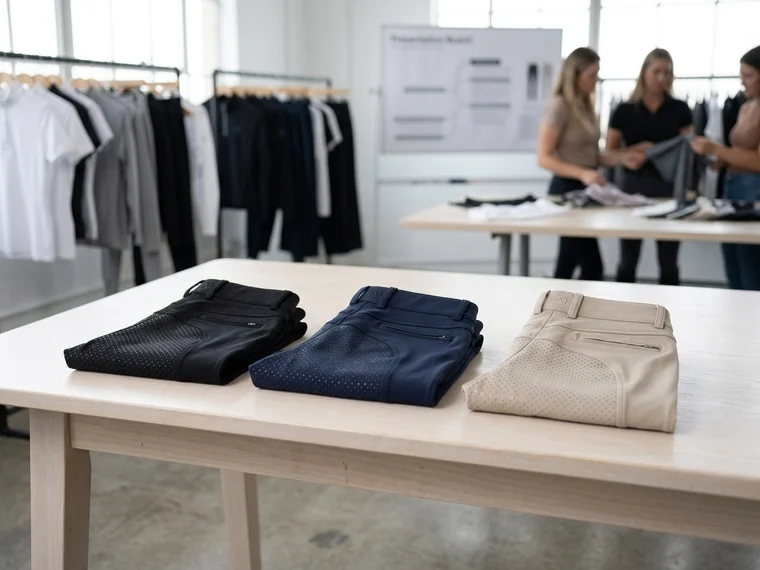 Modelos de catálogo de pantalones de montar ya desarrollados, doblados sobre una mesa