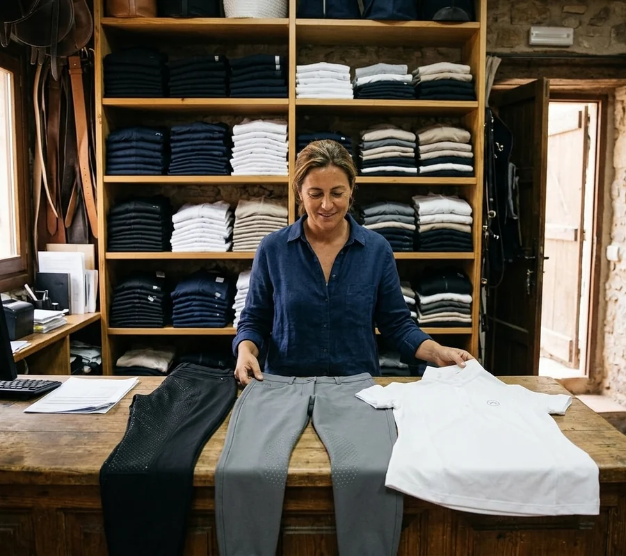 Muestras de una tienda hípica sobre el mostrador: dos pantalones de montar y un polo