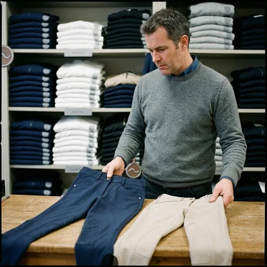 Comprador de una tienda hípica comparando dos pantalones de montar