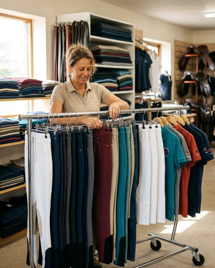 Dueña de una tienda hípica ordenando pantalones de montar con etiqueta propia