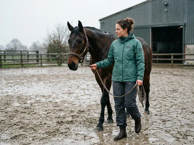 Chaqueta impermeable de equitación en un día de lluvia