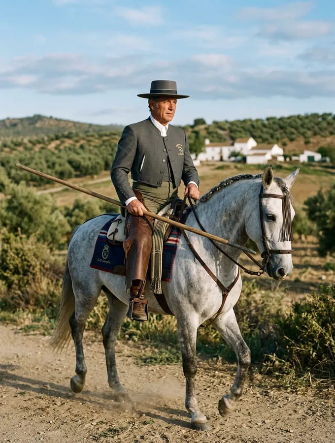 Jinete de doma vaquera con traje corto campero sobre caballo andaluz