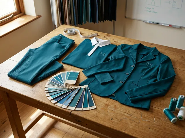 Pantalón de montar, polo y chaqueta del mismo color junto a una carta Pantone