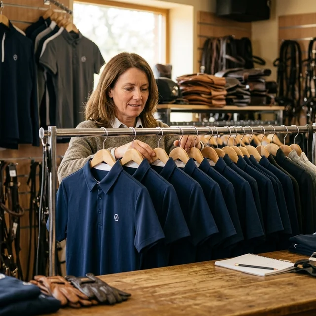 Dueña de una tienda hípica ordenando polos en una barra