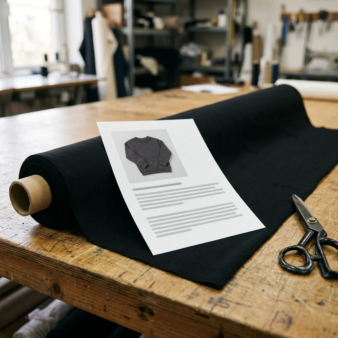 Ficha impresa de un modelo sobre un rollo de tejido