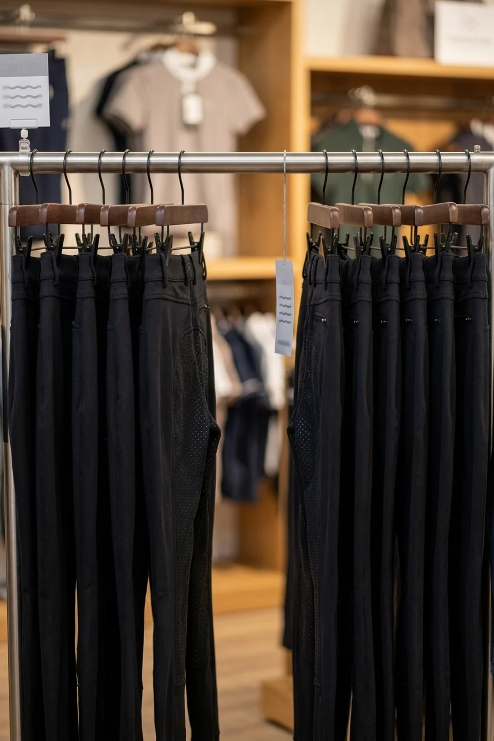 Barra de breeches en una tienda con huecos en las tallas M y L
