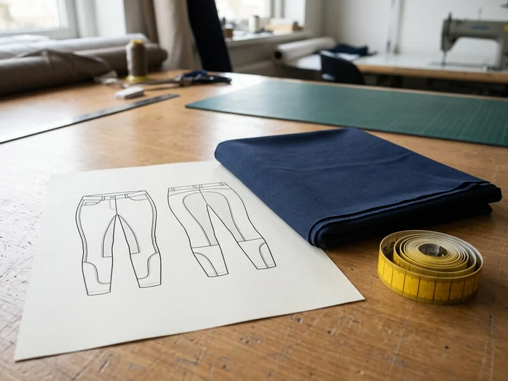 Ficha técnica impresa sobre la mesa de corte junto a un tejido de breeches