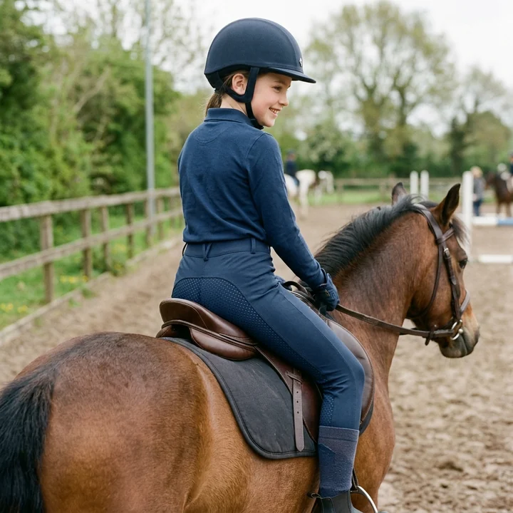 Breeches infantiles con full grip en una niña sobre un poni