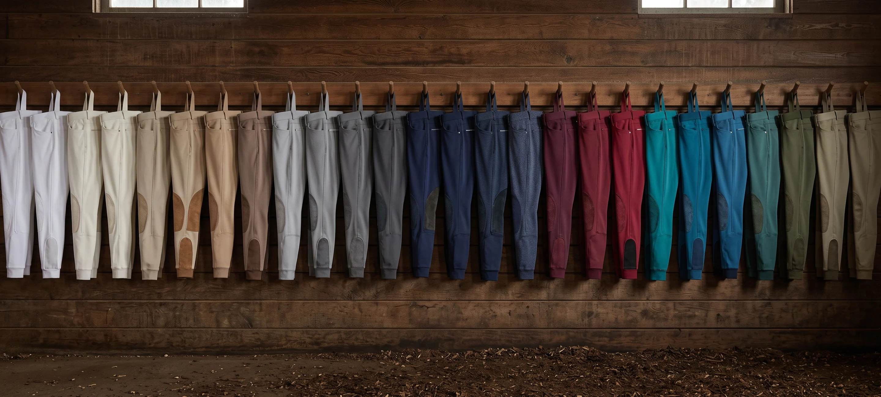 Breeches de varios colores colgados en la pared de madera de un cuarto de monturas