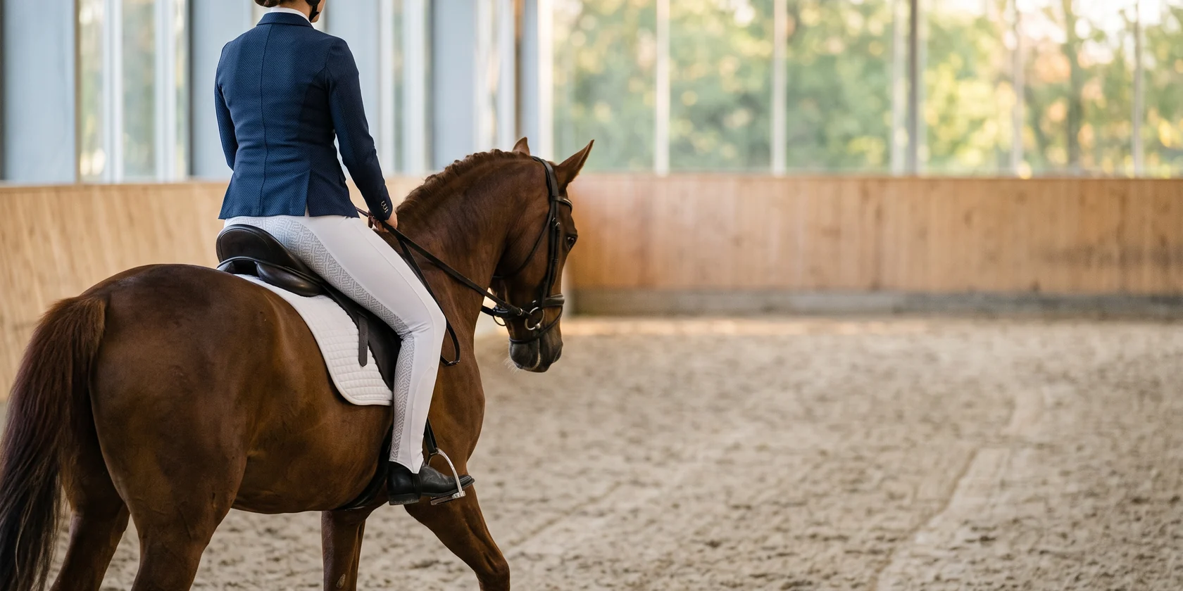 Jinete de doma sentada al trote con breeches blancos de full grip en la culera
