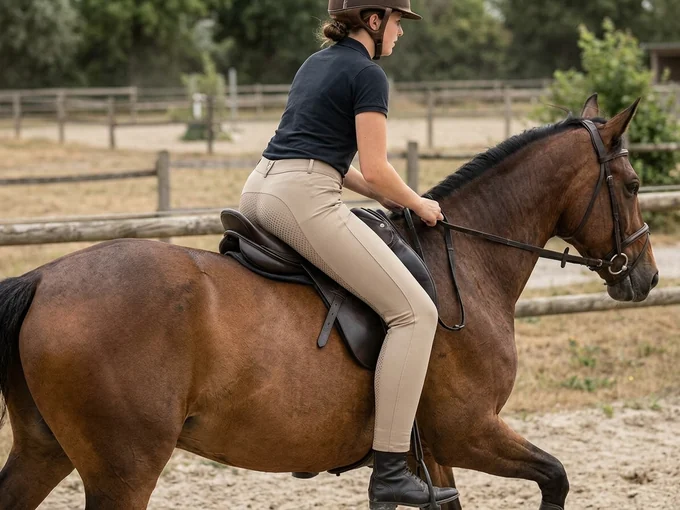 Jinete sentada al galope con el asiento pegado a la silla