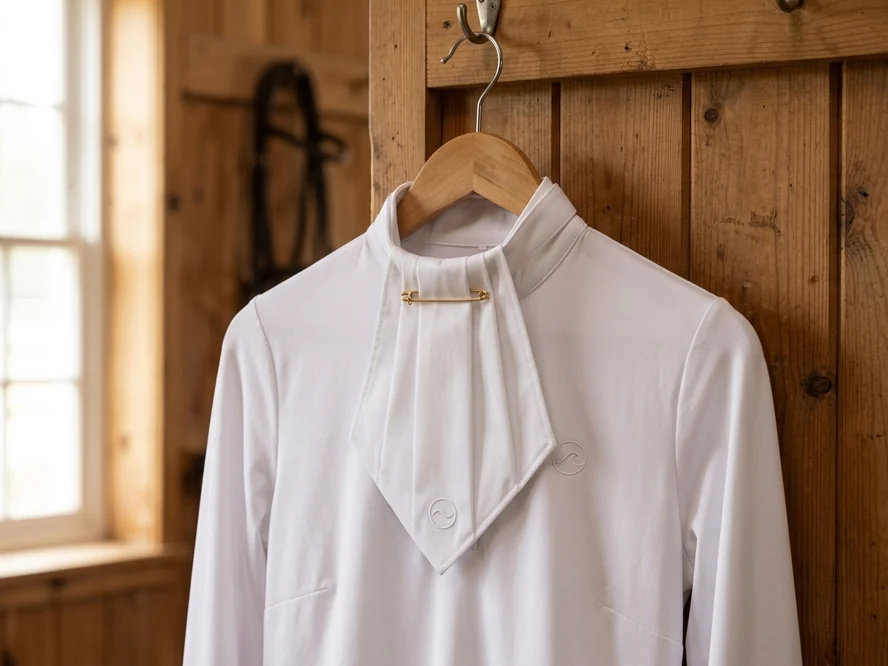 Camisa de concurso RE-PC-03 en la percha con un plastrón en el cuello