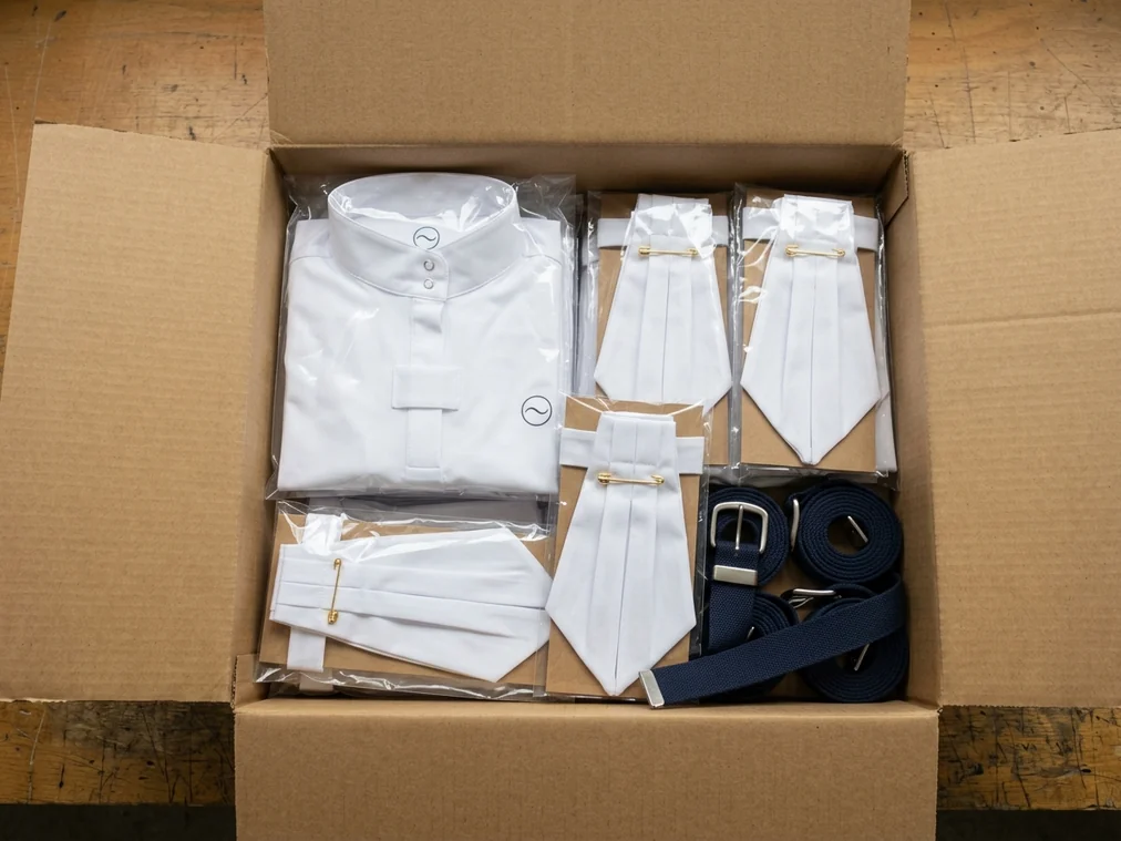 Caja con camisas de concurso, plastrones y cinturones del mismo pedido