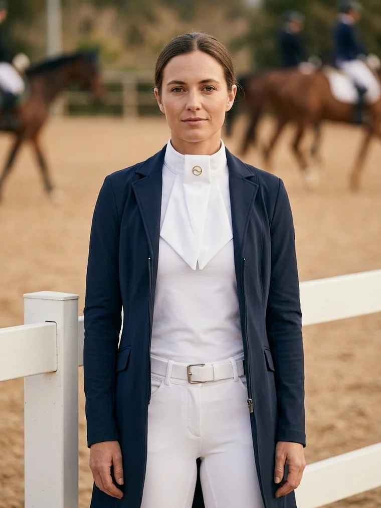 Jinete de doma con plastrón blanco, camisa blanca y chaqueta azul marino