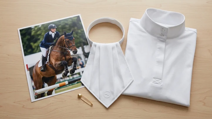 Muestra de plastrón junto a la camisa de concurso y la foto del jinete montado
