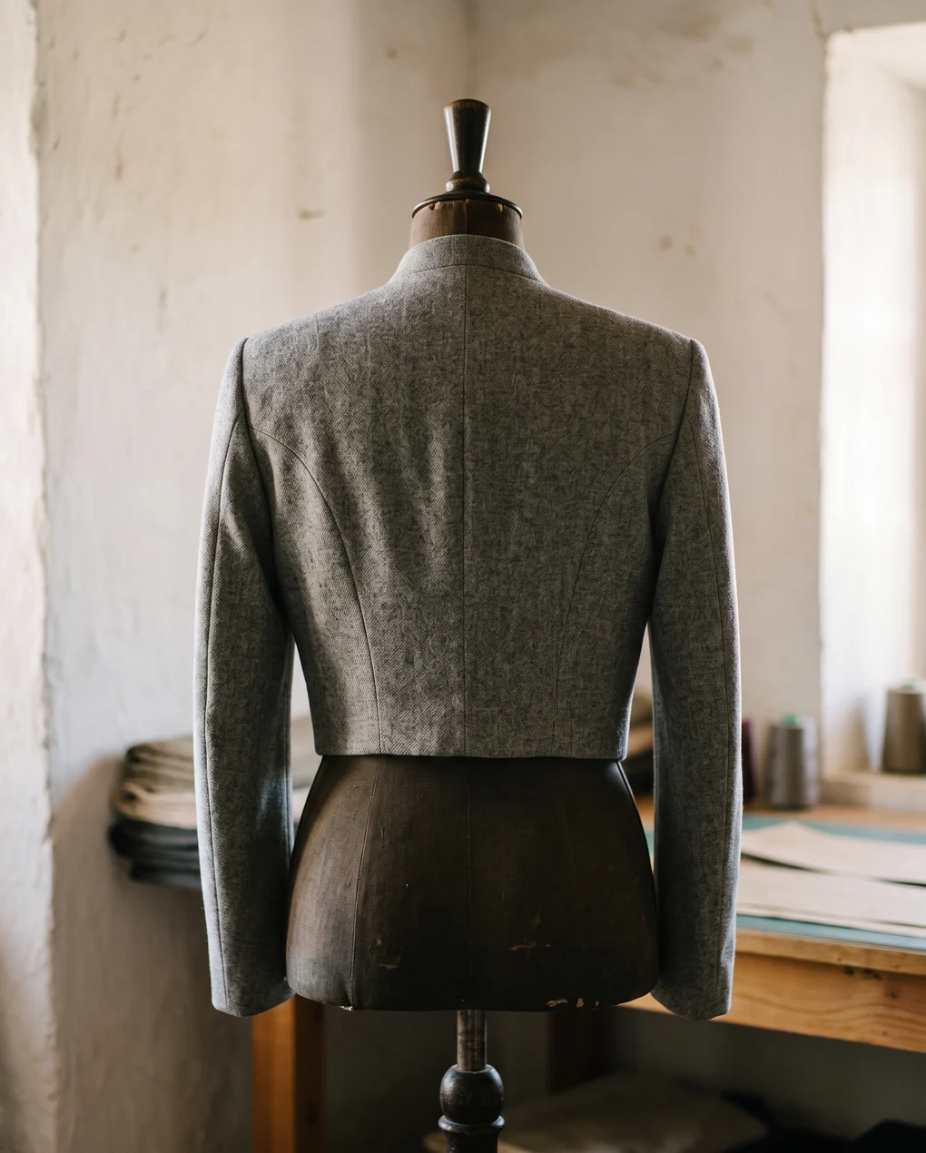Chaquetilla campera gris vista por detrás: corta a la cintura y ceñida
