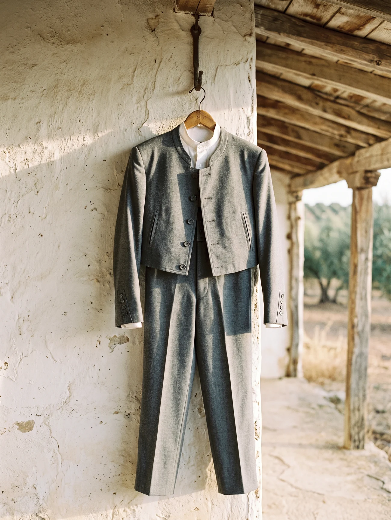 Un traje corto campero gris y una camisa campera colgados en el porche encalado de un cortijo