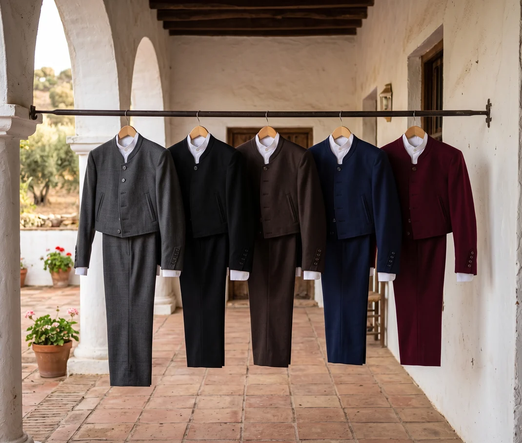 Trajes cortos camperos en gris, negro, marrón, azul marino y burdeos colgados bajo el porche de un cortijo