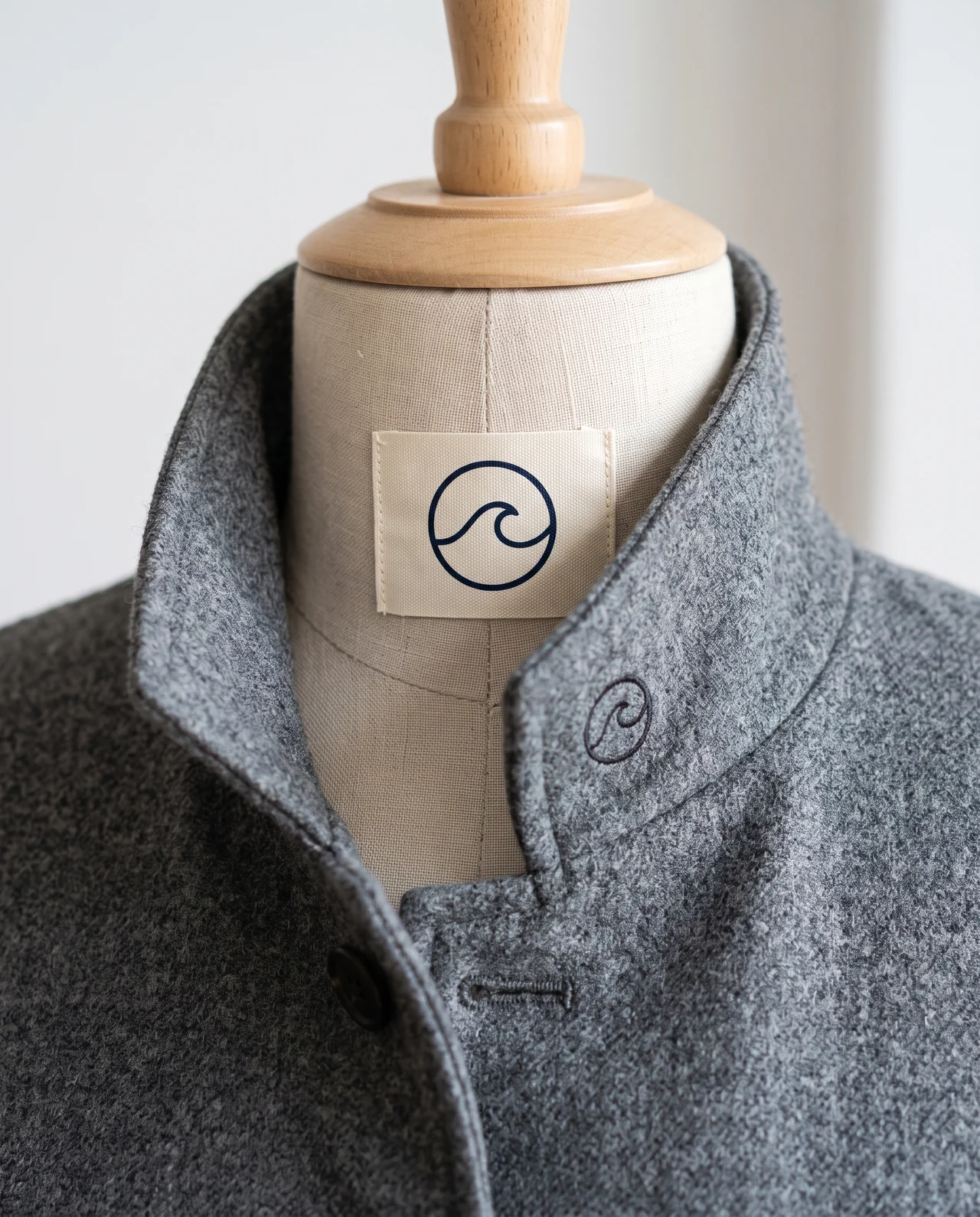 Chaquetilla con el cuello levantado: etiqueta interior con la marca y logo discreto bajo el cuello