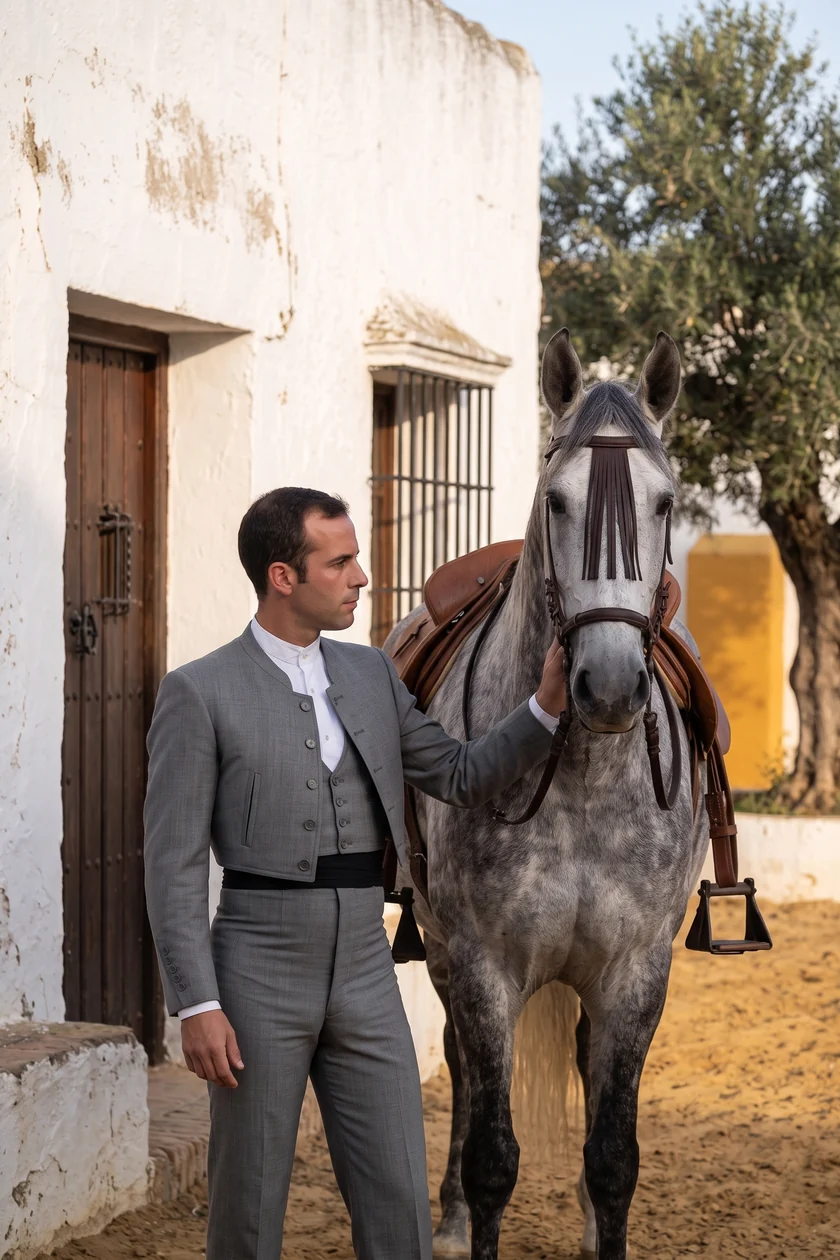 Jinete con el traje corto campero completo de pie junto a su caballo tordo
