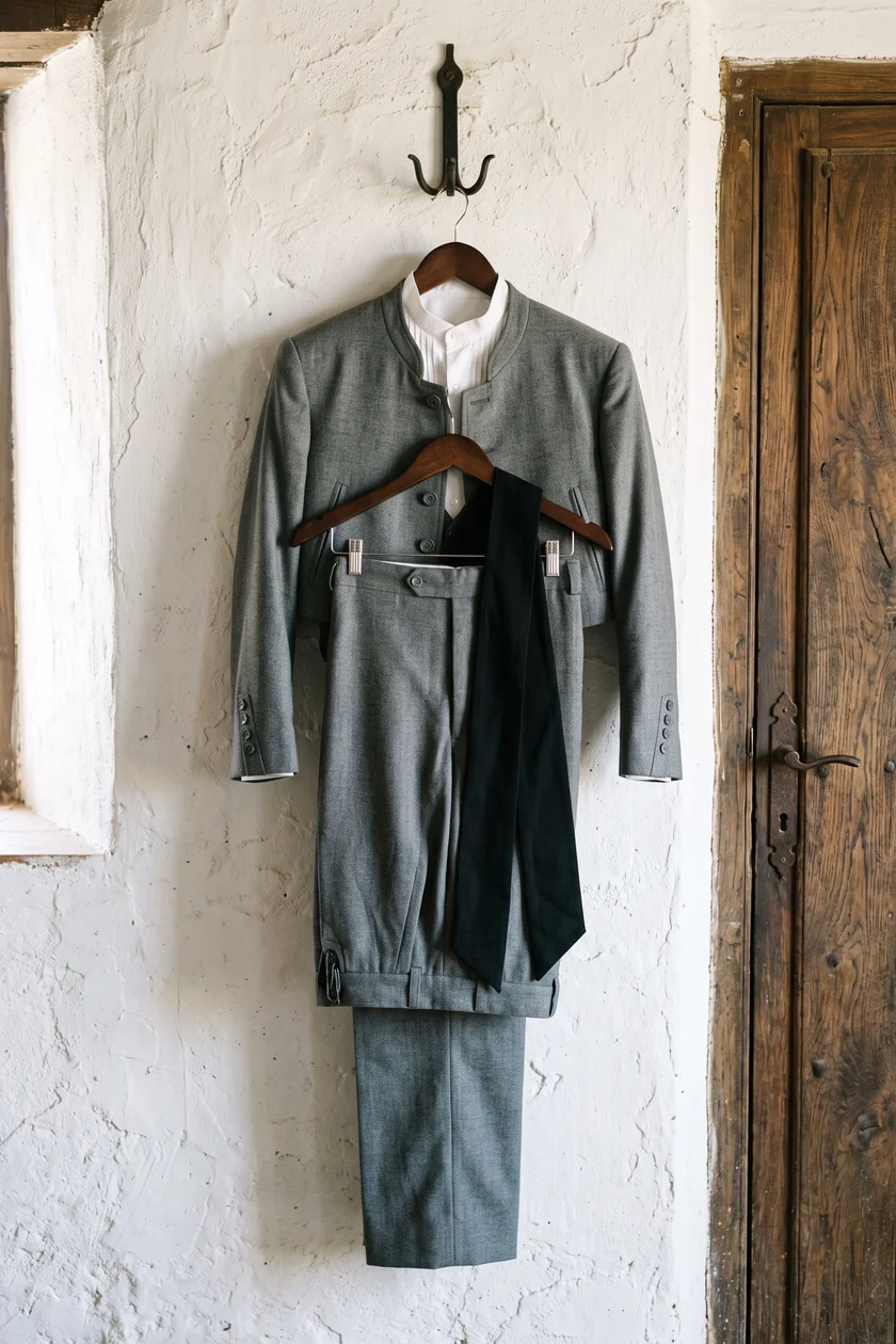 Chaquetilla, pantalón de talle alto, camisa y fajín colgados en una percha junto a una puerta de madera