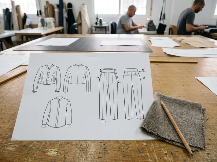 Ficha técnica del traje sobre la mesa de patronaje