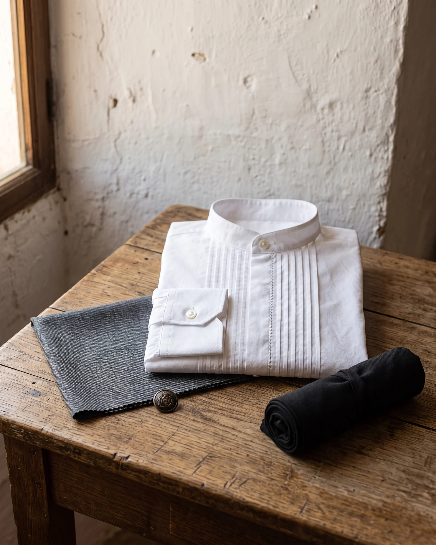 Sobre una mesa de madera: muestra de lana gris, un botón de metal, un fajín negro y el puño de una camisa campera