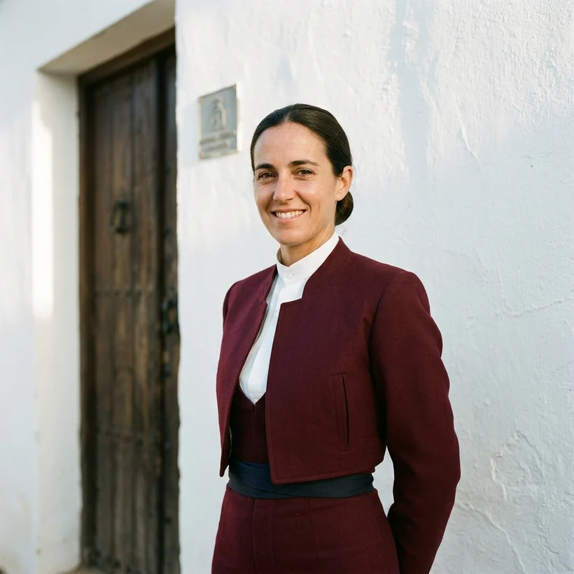 Amazona con traje corto campero burdeos